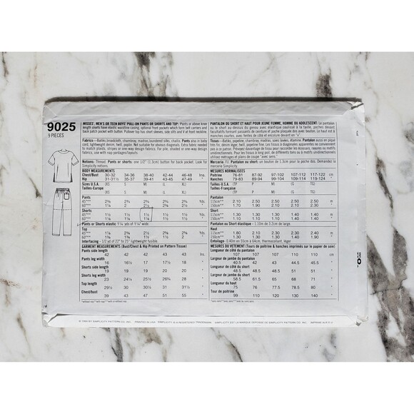 1990s Sewing Pattern for Misses, Mens or Teen Boys Pull-On Pants, Shorts and Top - Picture 2 of 2